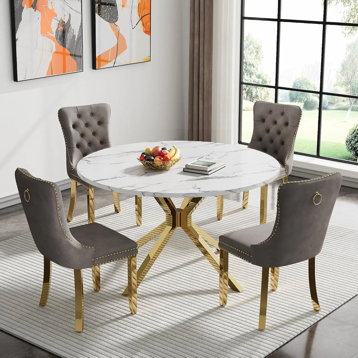 4-Seat Round Dining Table Set, 47" White Faux Marble Table with 4 Beige Velvet Tufted Chairs, Gold Stainless Steel, Customized