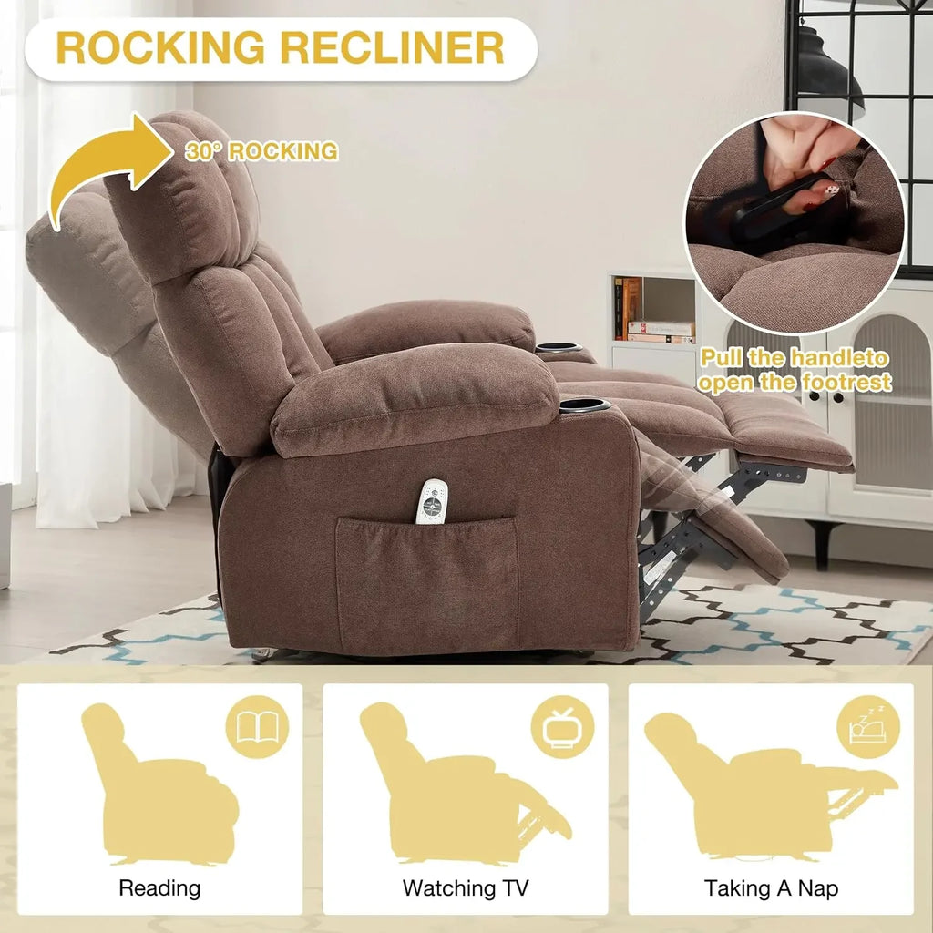 Brown Fabric Massage Recliner Rocker Ergonomic Chair Heat Vibration USB Cup Holders Side Pocket