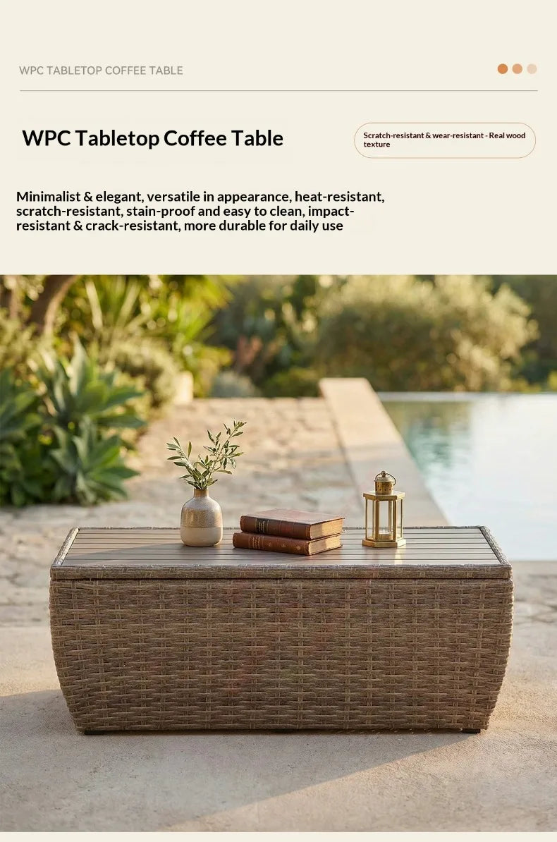 Outdoor PE Rattan Sofa Table Set, Waterproof Sun‑Resistant Patio Furniture for Garden, Balcony and Backyard Leisure Use