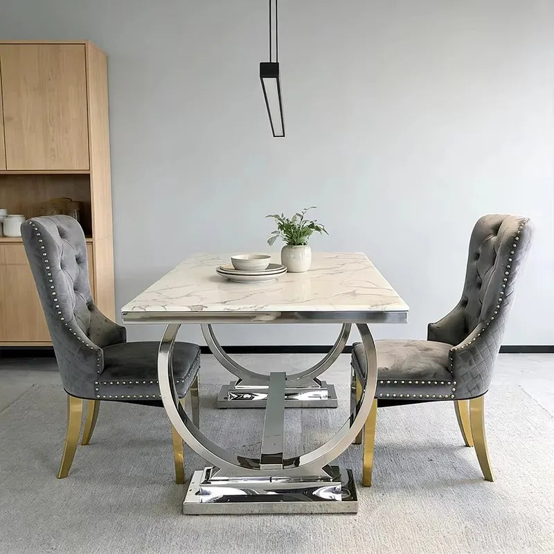 # Factory Wholesale Solid Marble Dining Table with Silver Circle Decorations
