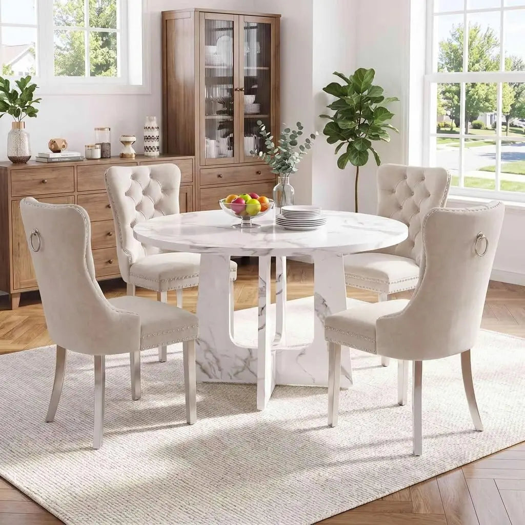 47.2" Round Dining Table Set for 4, Mid-Century Modern Kitchen Table with 4 Upholstered Velveent

47.2" Round Dining Table Set