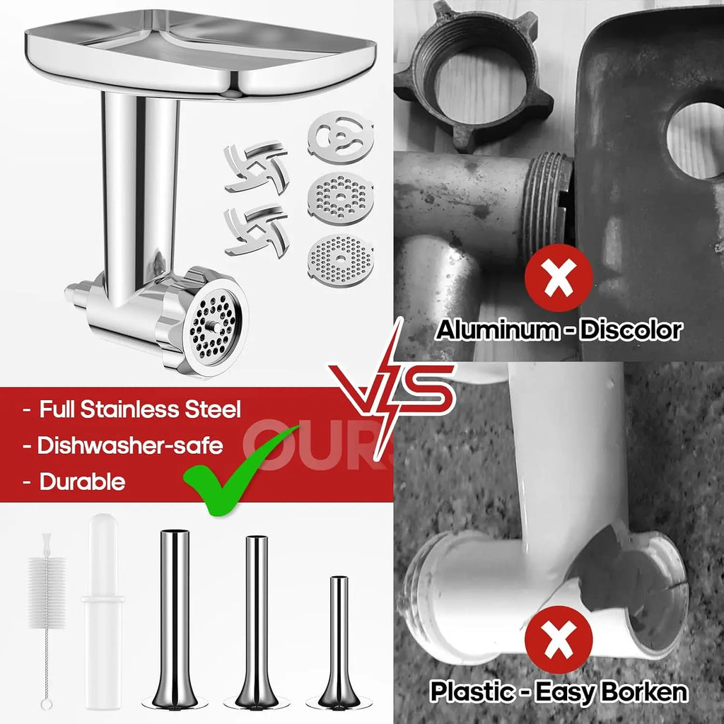 Metal Meat Grinder Attachment for KitchenAid Stand Mixer with 4 Grinding Plates 3 Sausage Tubes 2 Blades