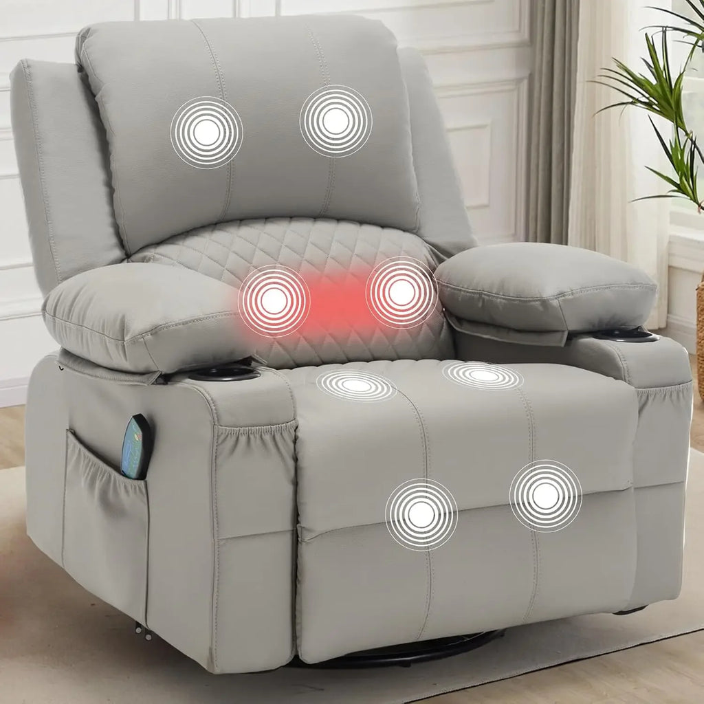 Faux Leather Recliner Chair with Heat and Massage Cup Holder, Overstuffed Swivel Rocker Recliner Chair Rocking Glider Chair, Lig