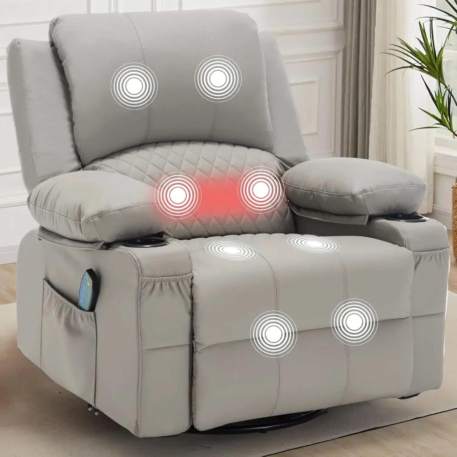 Faux Leather Recliner Chair with Heat and Massage Cup Holder, Overstuffed Swivel Rocker Recliner Chair Rocking Glider Chair, Lig