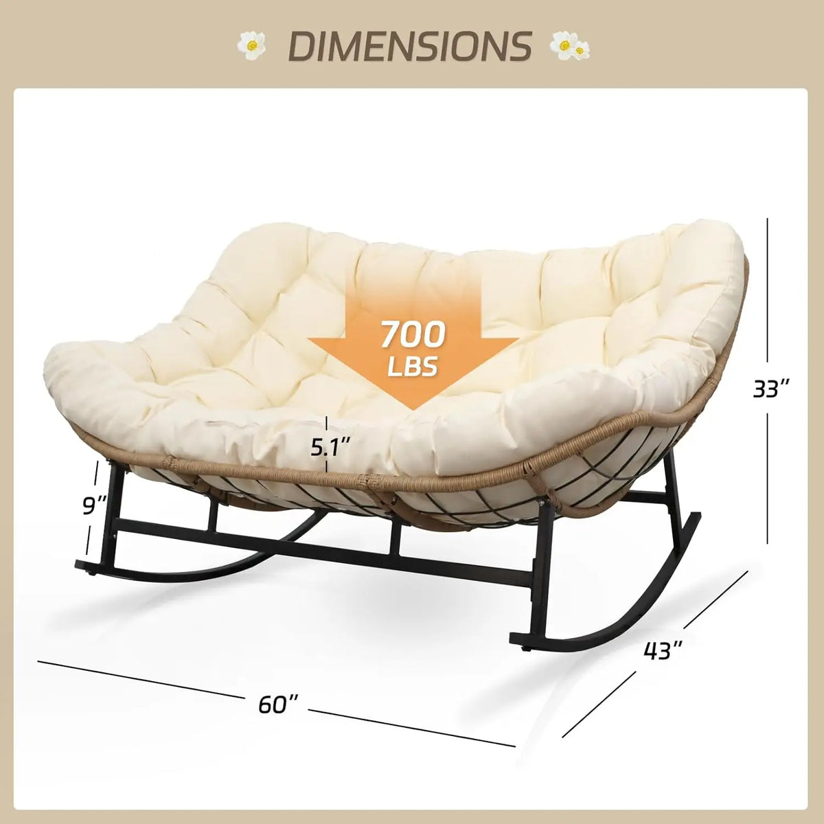 #Double Wide Rocking Chair with Cushion, Oversized Rattan Rocking Egg Chair Outdoor for 2, Extra Large 700, Customized