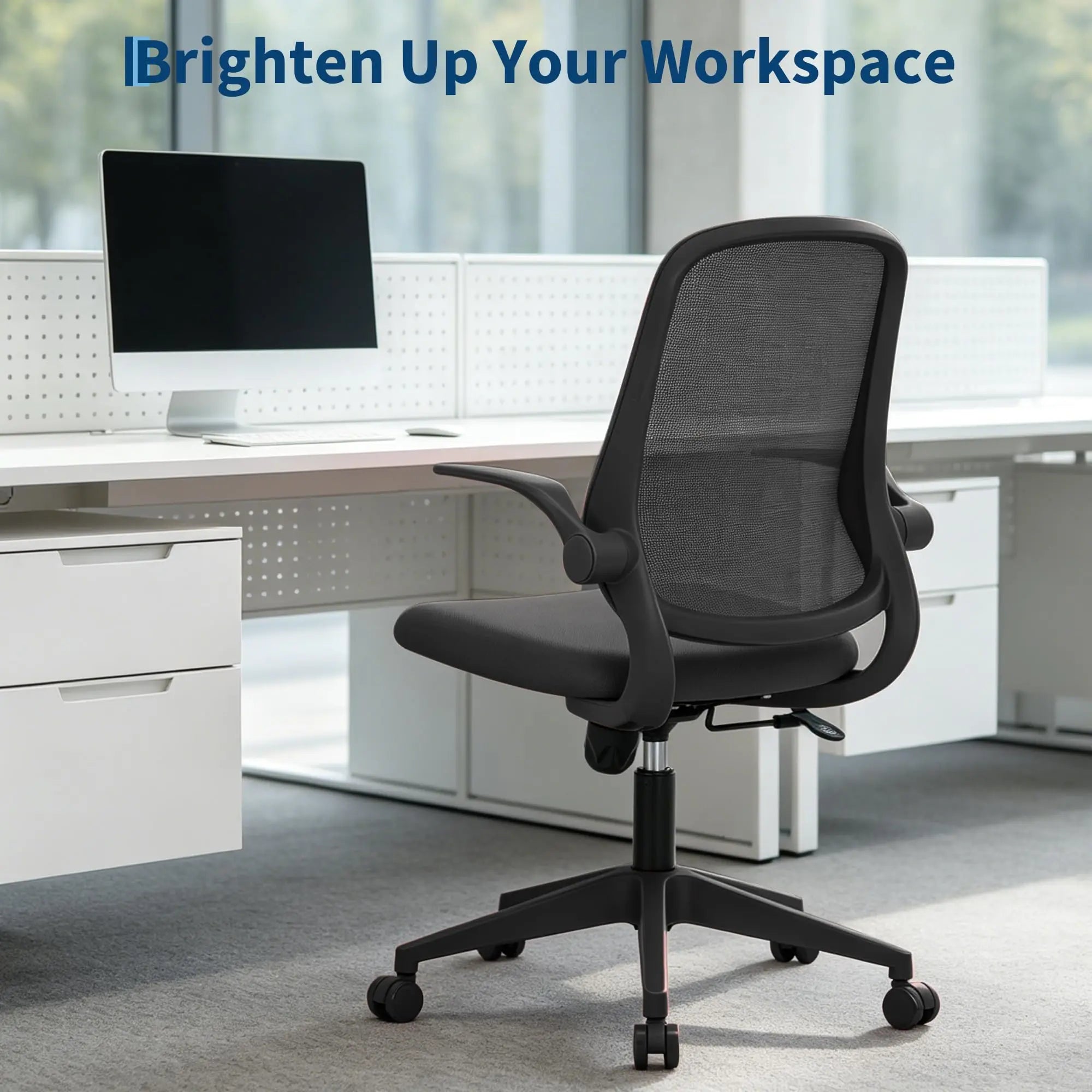 Ergonomic Office Chair With Flip Up Arms, Black Mesh Desk Chair With Lumbar Support, Adjustable Swivel Computer Chair For Home Office