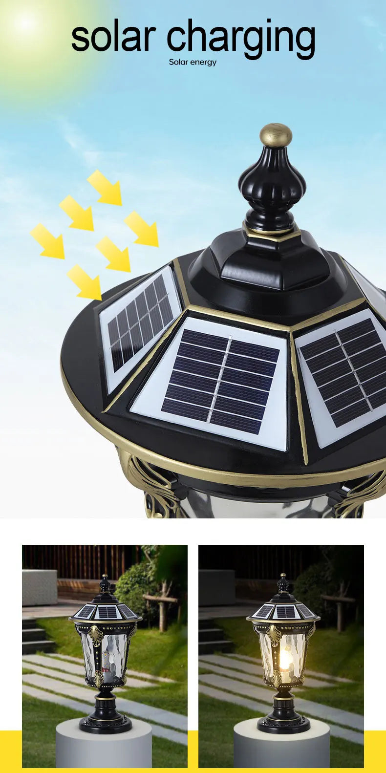 Solar Outdoor Door Post Lights LED Wall Lamps Energy Saving Fence Post Lighting for Courtyard Entrance Garden Lighting