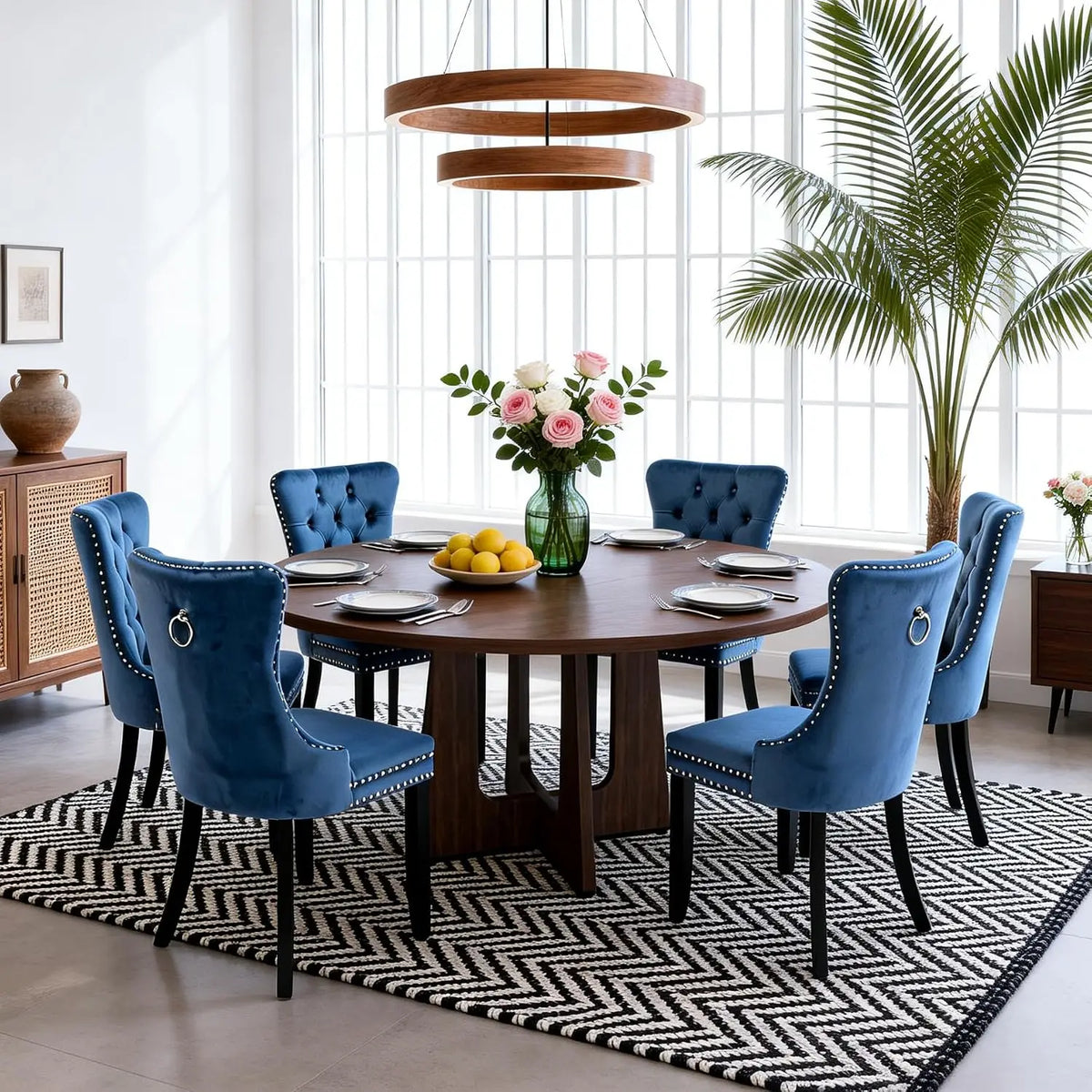 7-Piece Round Dining Table Set for 6, 47" Black Farmhouse Kitchen Table with 6 Gray Velvet Tufted Chairs, Modern Circle, Custom