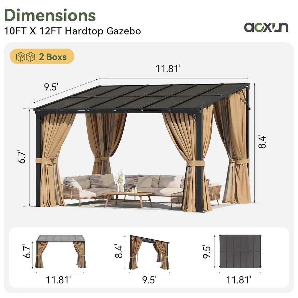 10x12ft Aluminum Lean-to Gazebo, Mosquito Net, Curtains & Polycarbonate Panel for Patio, Custom