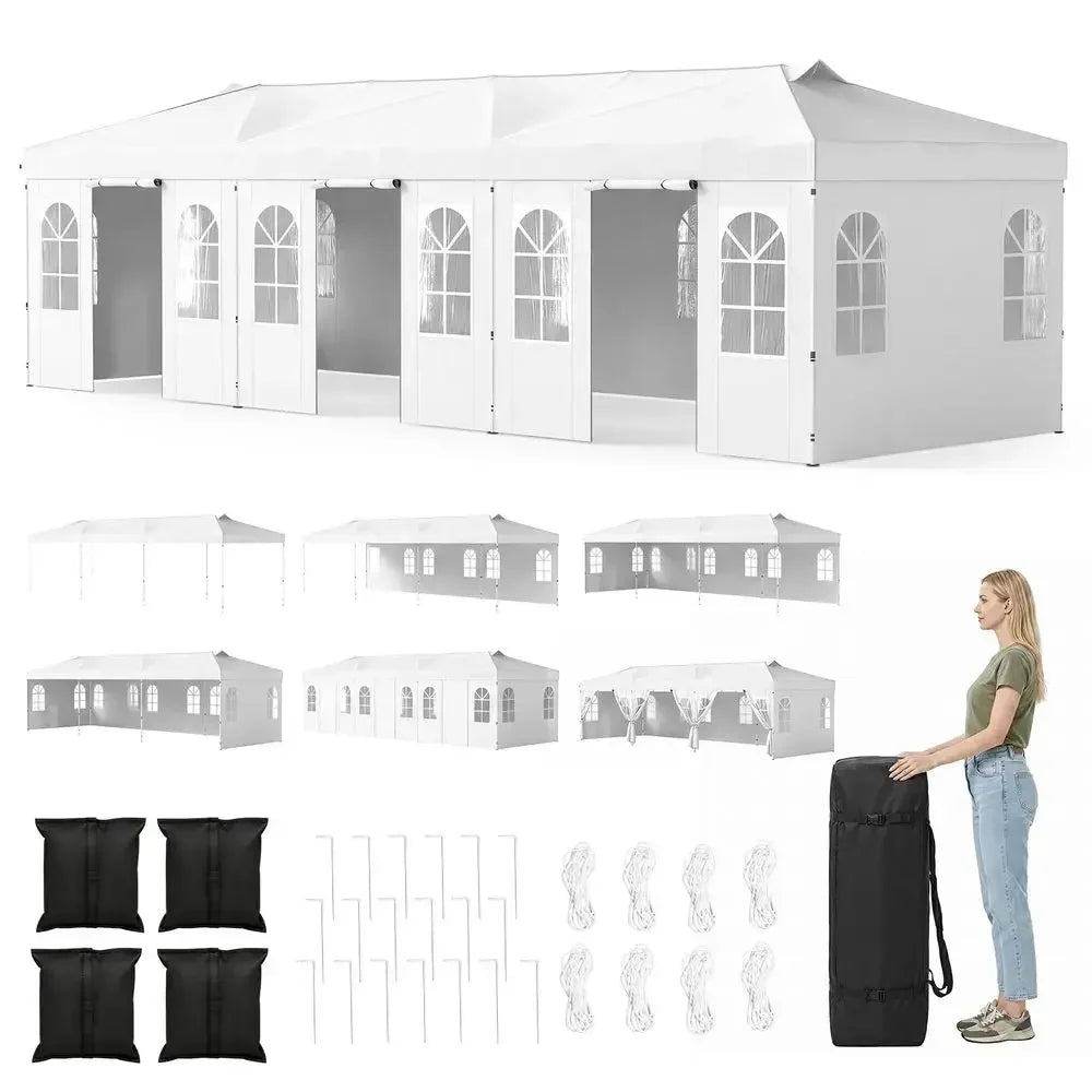 10x30 FT Pop Up Canopy with Center Lock, Outdoor Tent with 8 Sidewalls, Rollup Door, 4 Sandbags, 17 Stakes, 8 Wind Ropes, Carry