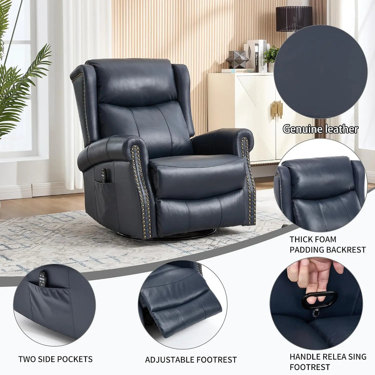 Genuine Leather Manual Recliner Chair with Swivel Rocker Massage Heat Nursery Small Space Blue, Customized