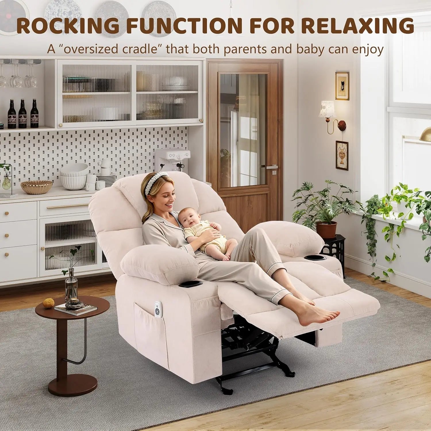 Massage Rocker Recliner Chair with Heat & Vibration Nursery Glider 4 Pockets 2 Cup Holders Fabric Beige, Customized