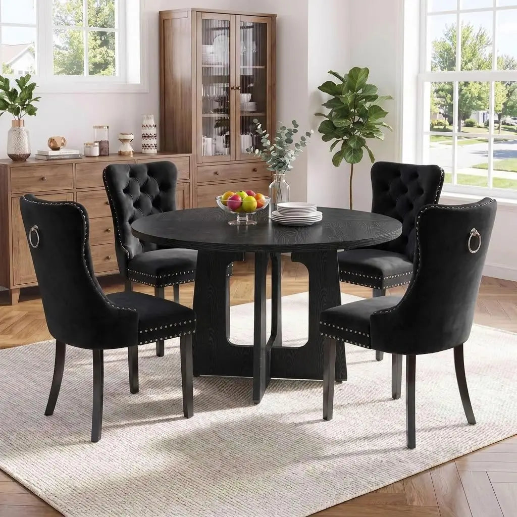 47.2" Round Dining Table Set for 4, Mid-Century Modern Kitchen Table with 4 Upholstered Velveent

47.2" Round Dining Table Set