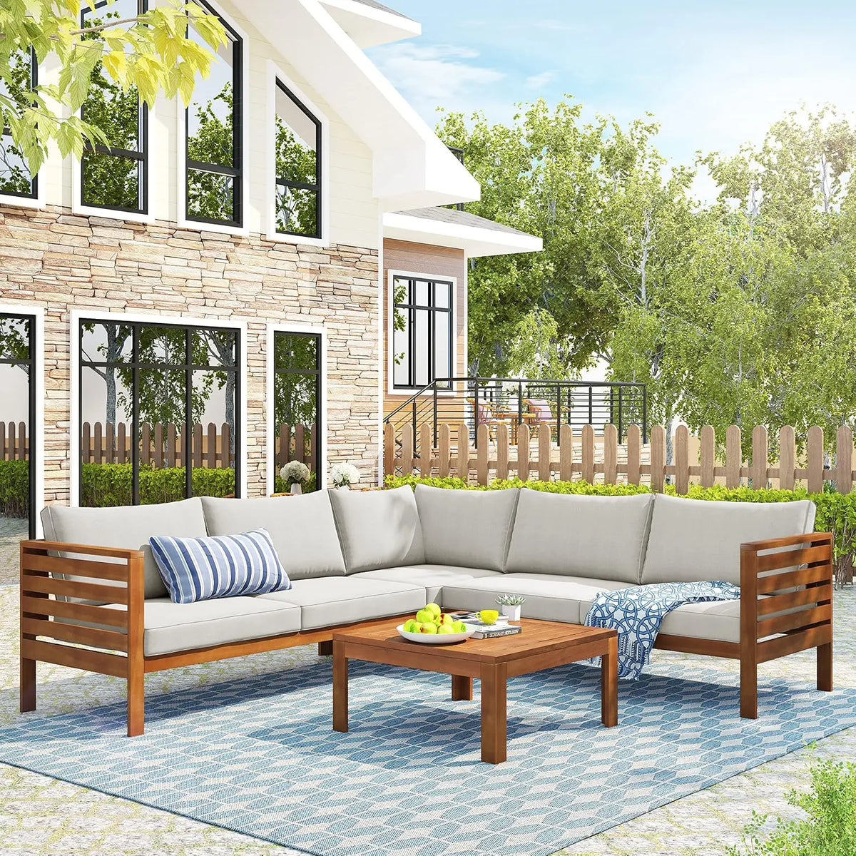 7 Piece Outdoor Patio Furniture Sofa Sets,All Weather Rattan Conversation Sofa Set with Striped Green Pillows/Tempered, Custom