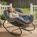 Papasan Rocking Chair Outdoor, Oversized Patio Egg Chair with Thick Cushion, Indoor Wicker Lounge Rocker Bed for Balcony, Porch,