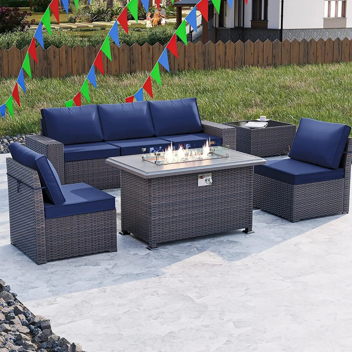 7 Piece Outdoor Wicker Patio Furniture Set with Fire Pit Table, Customized