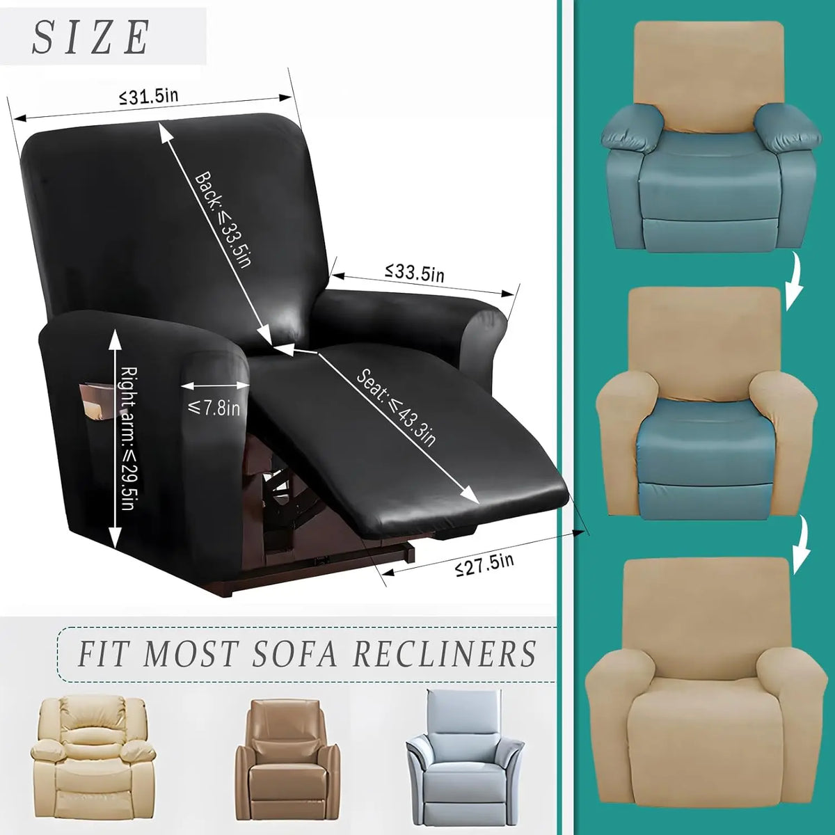 1/2/3 Seat Waterproof Recliner Sofa Cover PU Armchair Leather Cover Solid Elastic Color Relax Single Sofa Slipcovers Home Hotel