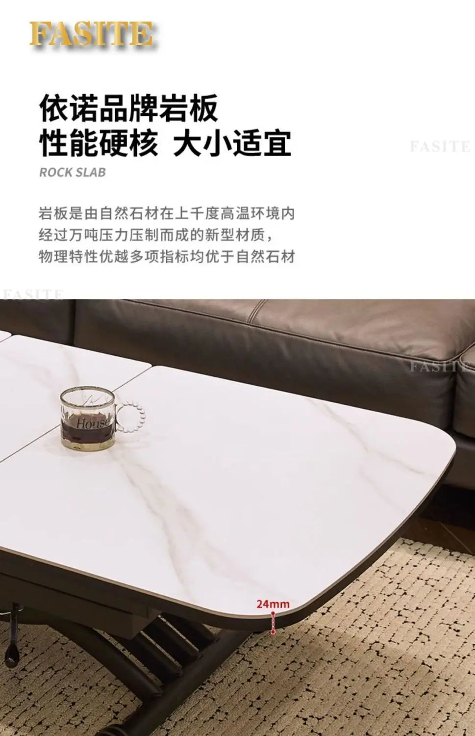 Black light luxury rock slab lifting coffee table dining  dual-purpose retractable mobile dining