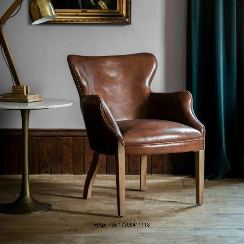 Antique French Rustic Dining Room Chair Brown Genuine Leather Wood Accent Chair Mid Century Vintage Leather Dining Chair