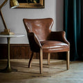 Antique French Rustic Dining Room Chair Brown Genuine Leather Wood Accent Chair Mid Century Vintage Leather Dining Chair