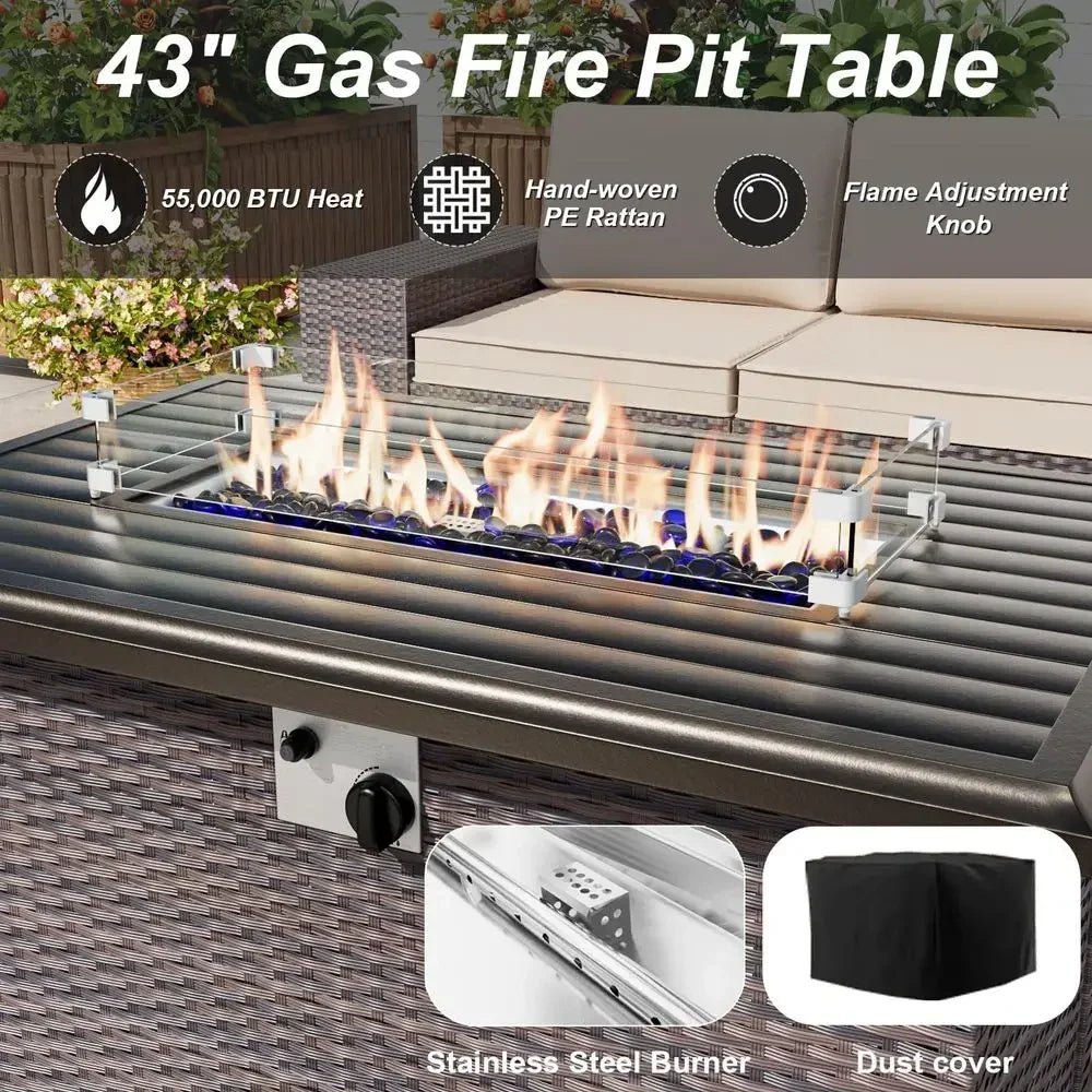 Furniture Set with Fire Pit Table 55000 BTU, Outdoor Sectional with Wide Seat and Thick Cushion, 8 Piece Wicker Rattan Conversa