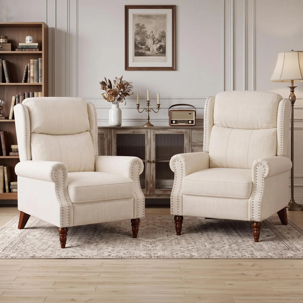 Pushback Recliner Chair Set of 2, Faux Leather/Chenille Wingback Accent Armchair