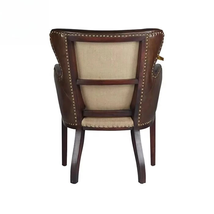 Antique French Rustic Dining Room Chair Brown Genuine Leather Wood Accent Chair Mid Century Vintage Leather Dining Chair