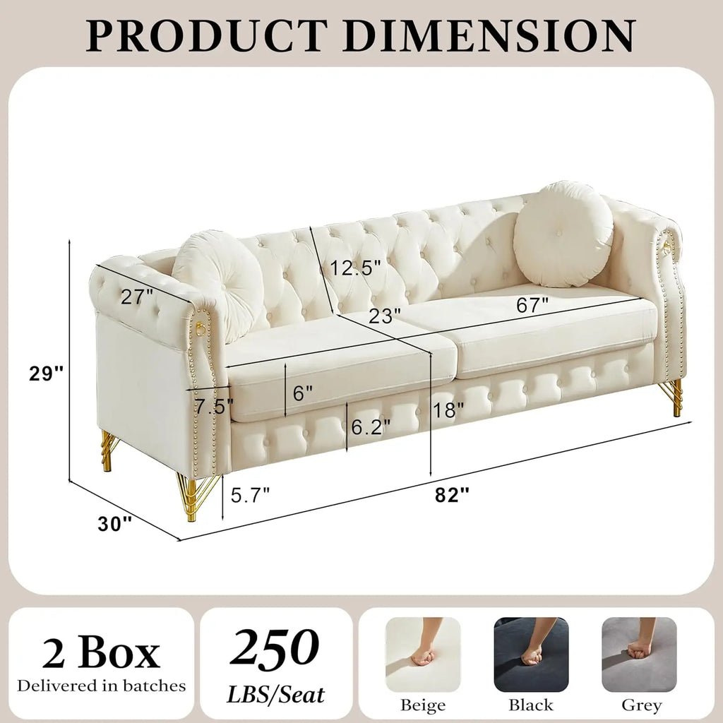 82" Beige 3-Seater Velvet Sofa with Pillows & Copper Studs, Living Room Furniture, Customized