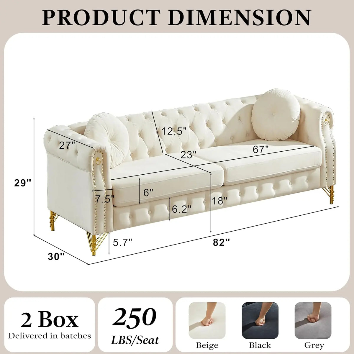 82" Beige 3-Seater Velvet Sofa with Pillows & Copper Studs, Living Room Furniture, Customized