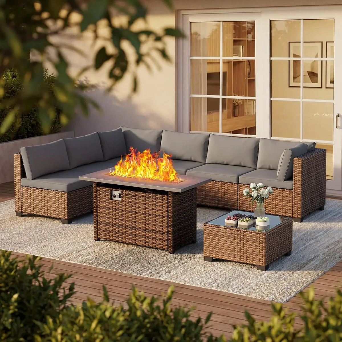 Qsun 8 Pieces Outdoor Patio Furniture Set with 44.9" Fire Pit Table, All-Weather Wicker Outdoor Patio Sectional Set with Coffee