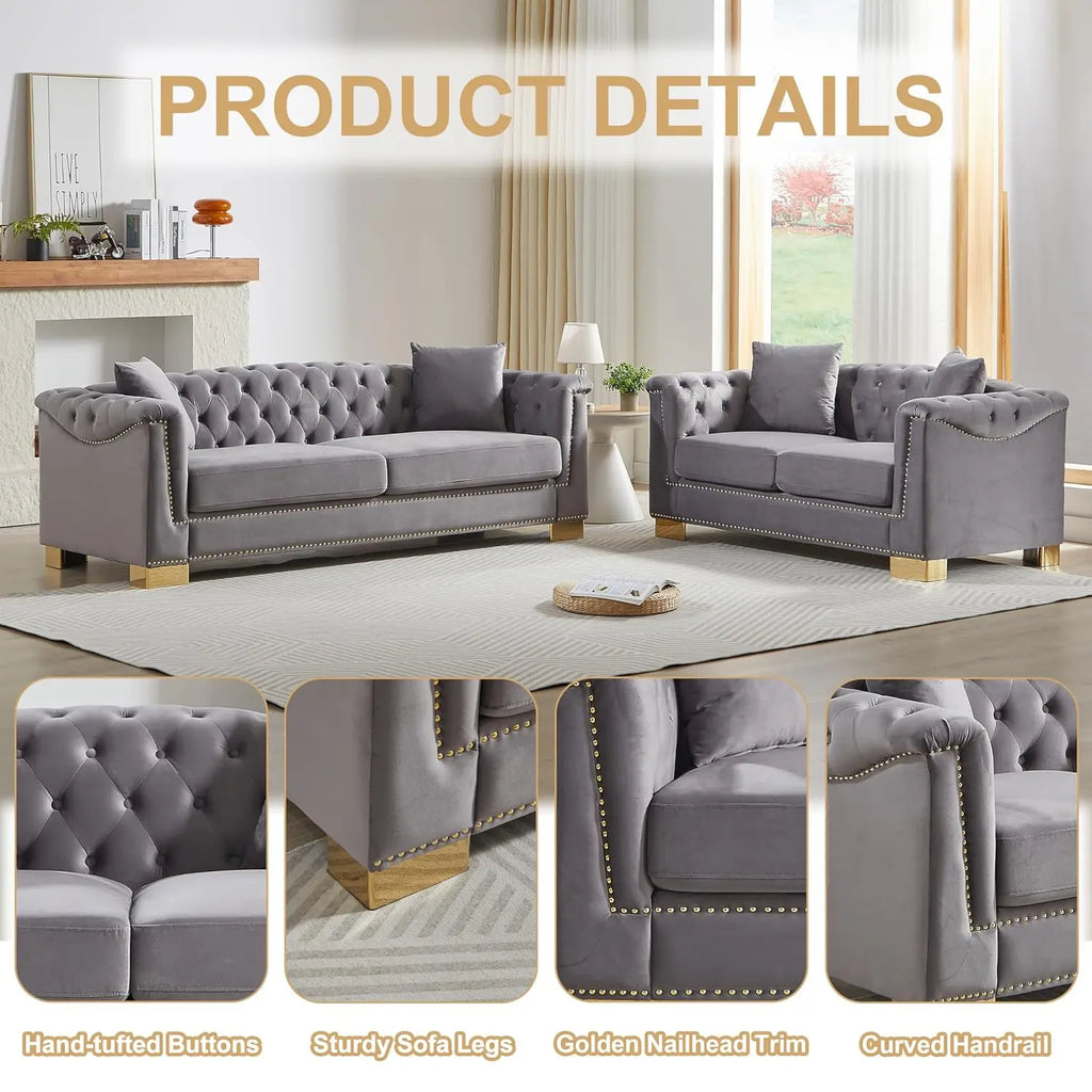 Grey Velvet Chesterfield Sofa & Loveseat Set 3-Seater 84" Loveseat 62" Rolled Arm 4 Cushion Living Room Furniture, Customized