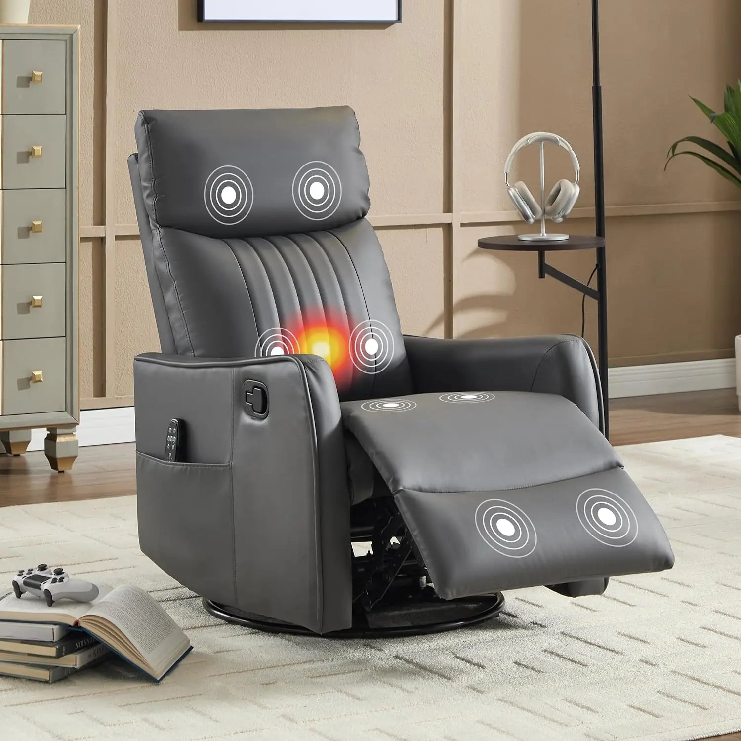 Manual Swivel Rocker Recliner Chair for Adults, Overstuffed Reclining Glider Chair for Nursing with Vibration Massage &, Custom