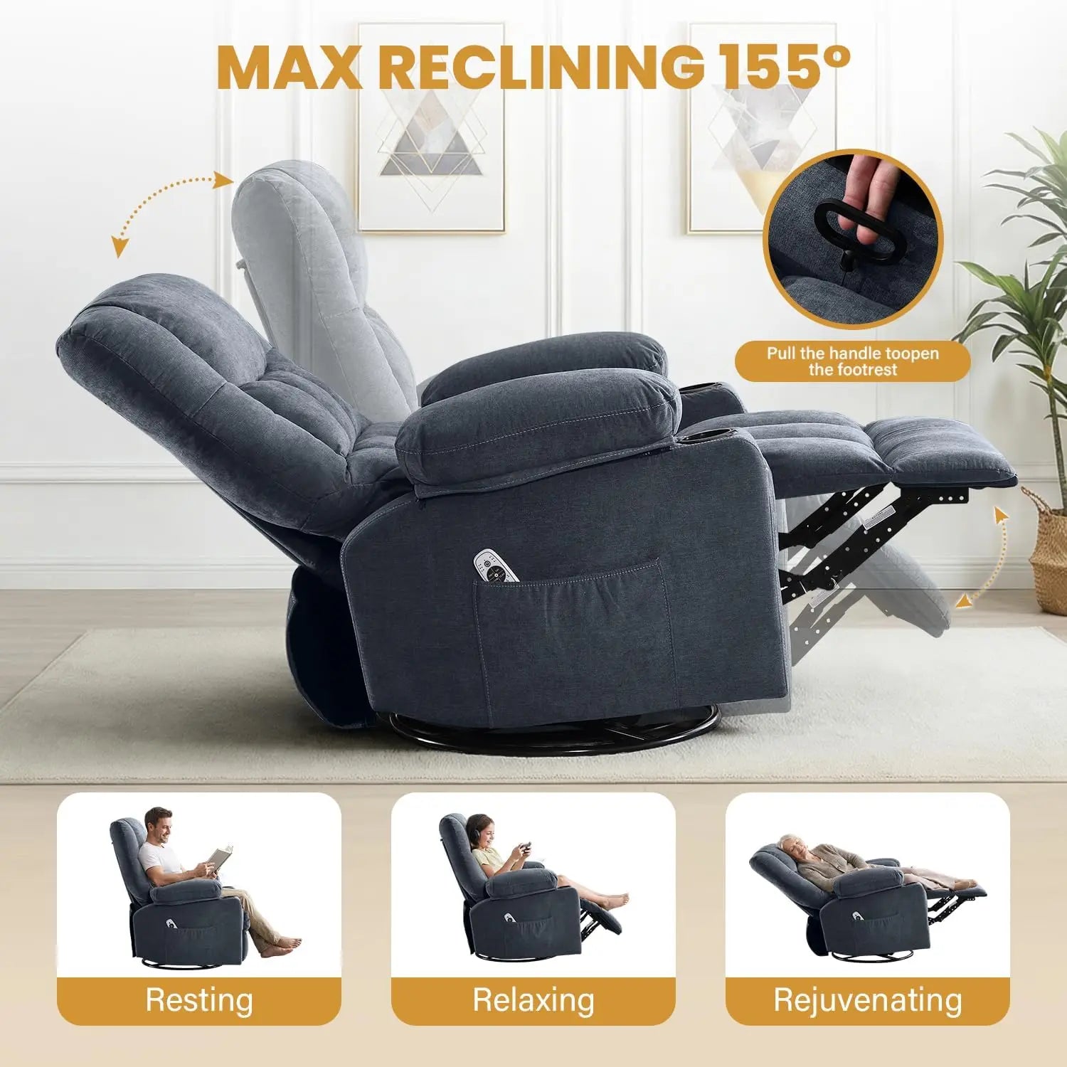 Recliner Chair with Vibration Massage and Lumbar Heat for Living Room, Oversized Ergonomic Swivel Rocking Chair, Featuring Side