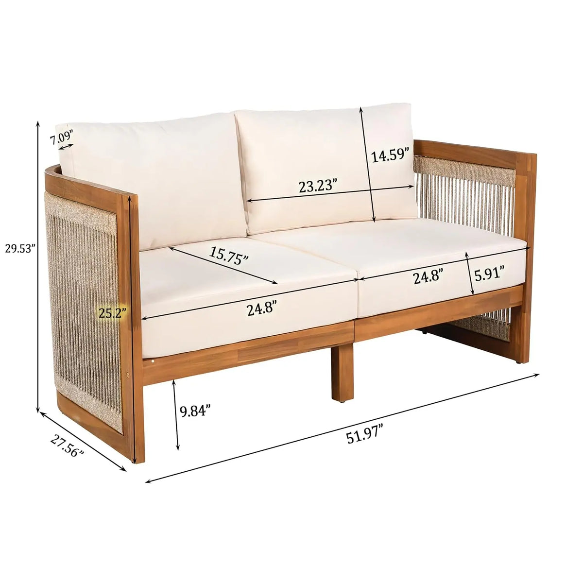 4-Piece Patio Set, All Weather Sectional w/ 2 Chairs, Loveseat & Table, Acacia Wood Outdoor Furniture with Cushions, Customized