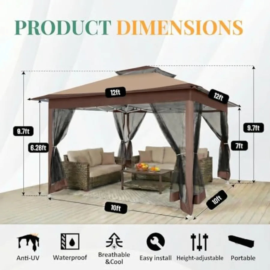 Pop Up Gazebos On Clearance - Upgrade Easy Up Metal Outdoor Gazebo Waterproof - Portable Gazebo with Mosquito Nettings, 4 Ropes