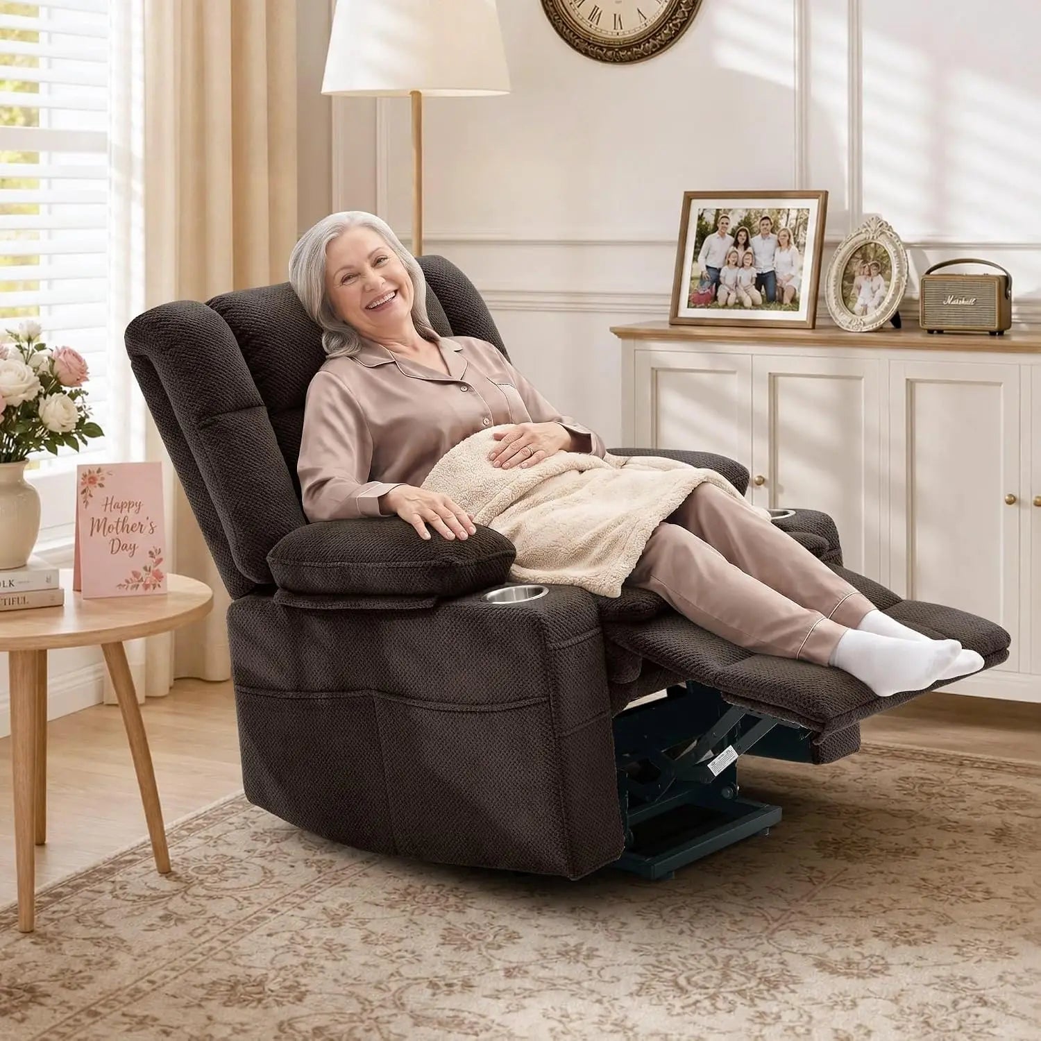 Power Lift Recliner with Massage & Heat, Electric Chair with Cup Holders & Pockets for Living Room, Brown, Customized