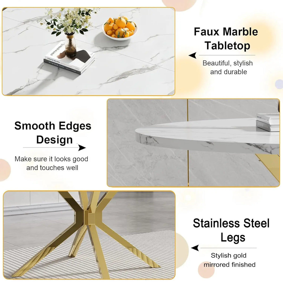 4-Seat Round Dining Table Set, 47" White Faux Marble Table with 4 Beige Velvet Tufted Chairs, Gold Stainless Steel, Customized