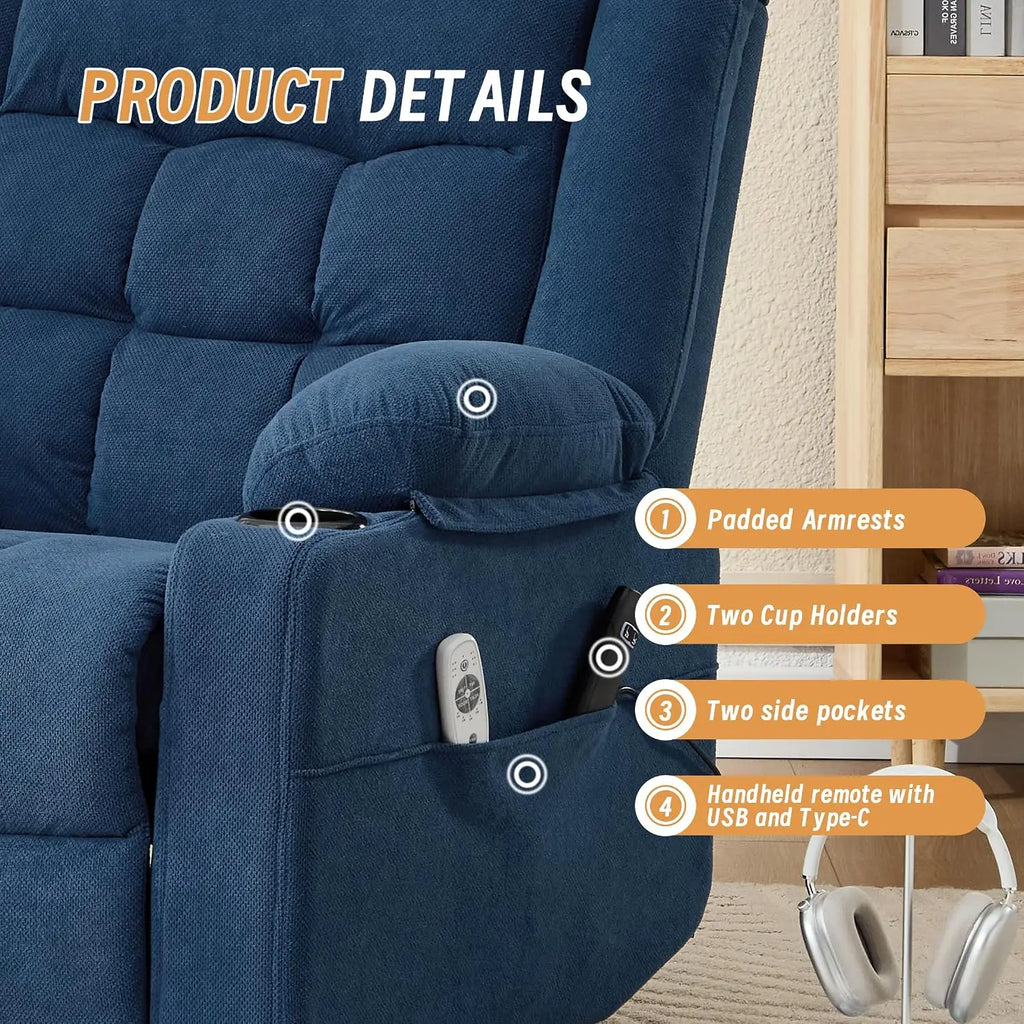 Power Lift Recliner Chair Elderly Massage Heat Fabric Electric Sofa Side Pocket Cup Holders Living Room Navy