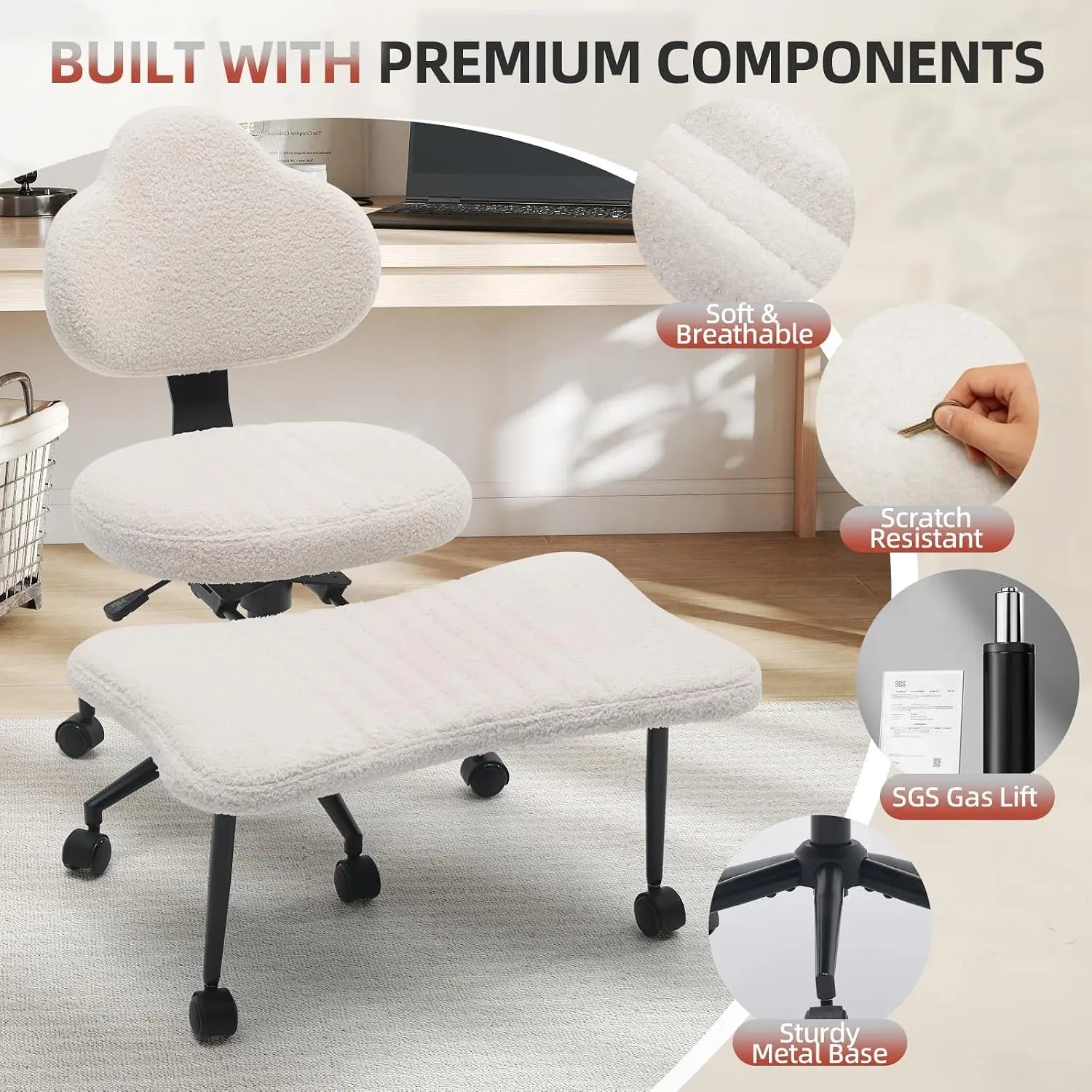 White Cross Legged Office Chair Meditation Seat with Lumbar Support for Desk Work, Yoga & Mindfulness Comfortable & Space-Saving
