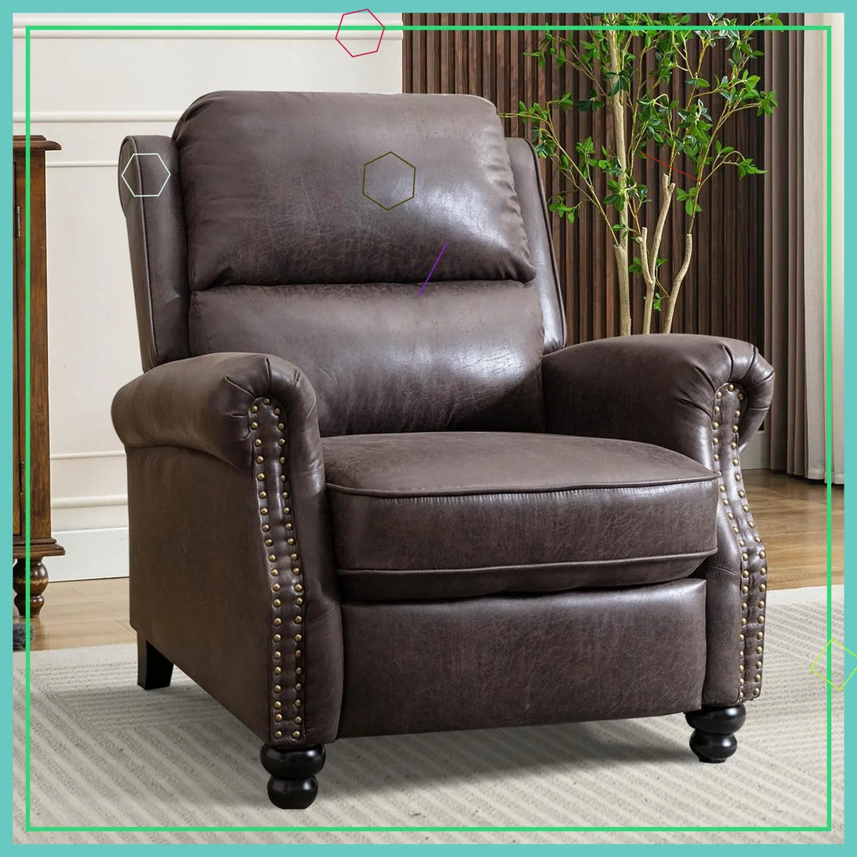 Pushback Recliner Chair Faux Leather Armchair with Rivet Decoration Single Sofa for Living Room Dark Grey