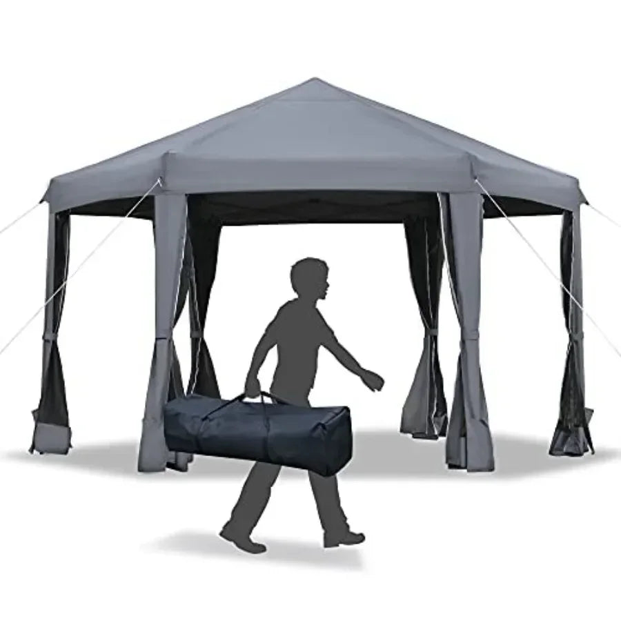 13' x 11' Hexagonal Pop Up Gazebo Heavy Duty Outdoor  Tent with 6 Mesh Sidewall Netting 3-Level Adjustable Height and Strong St