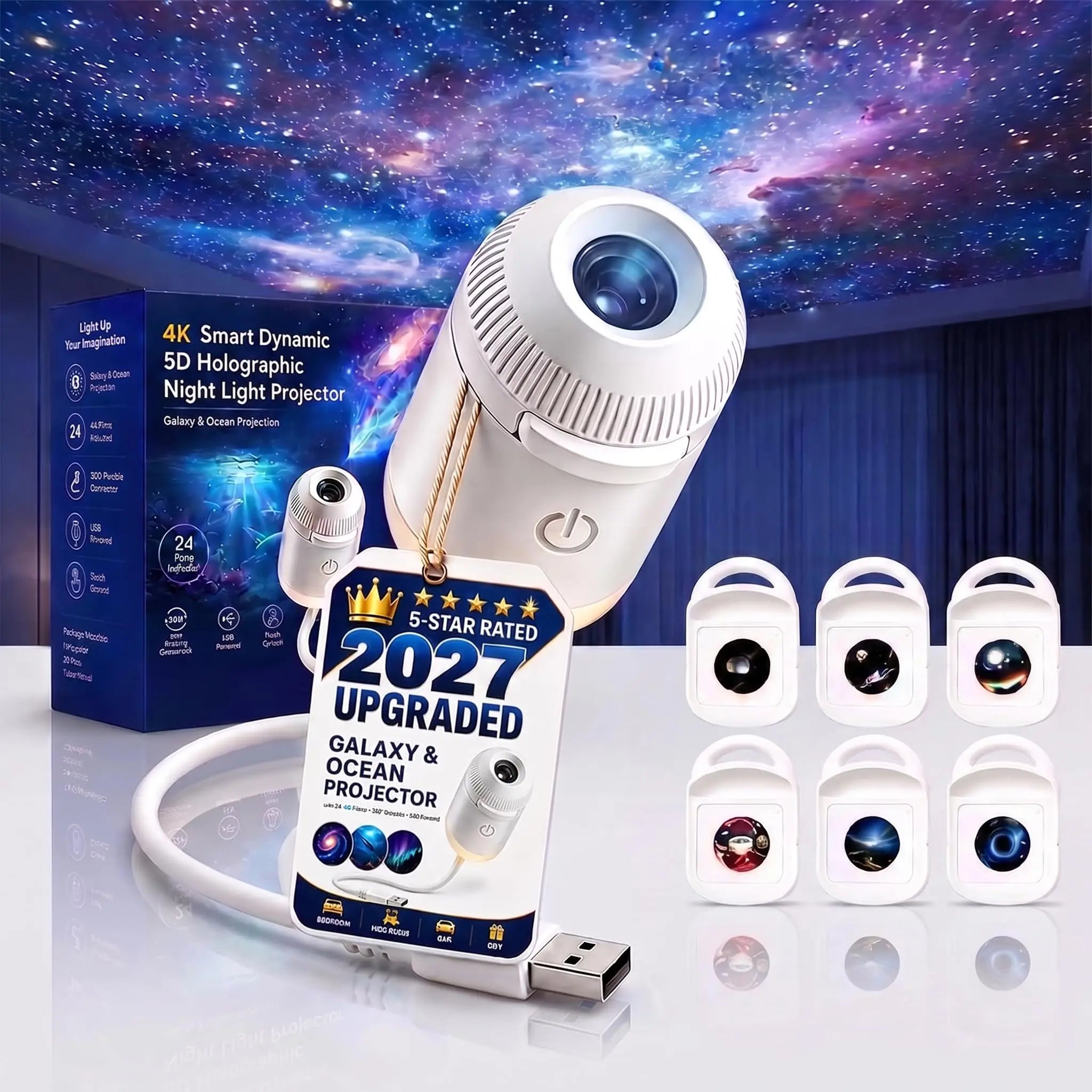 2027 Upgraded Hd Smart Dynamic 5d Holographic Night Light Projector, Plug and Play Hd Star Projector, 360° Adjustable Hd Galaxy