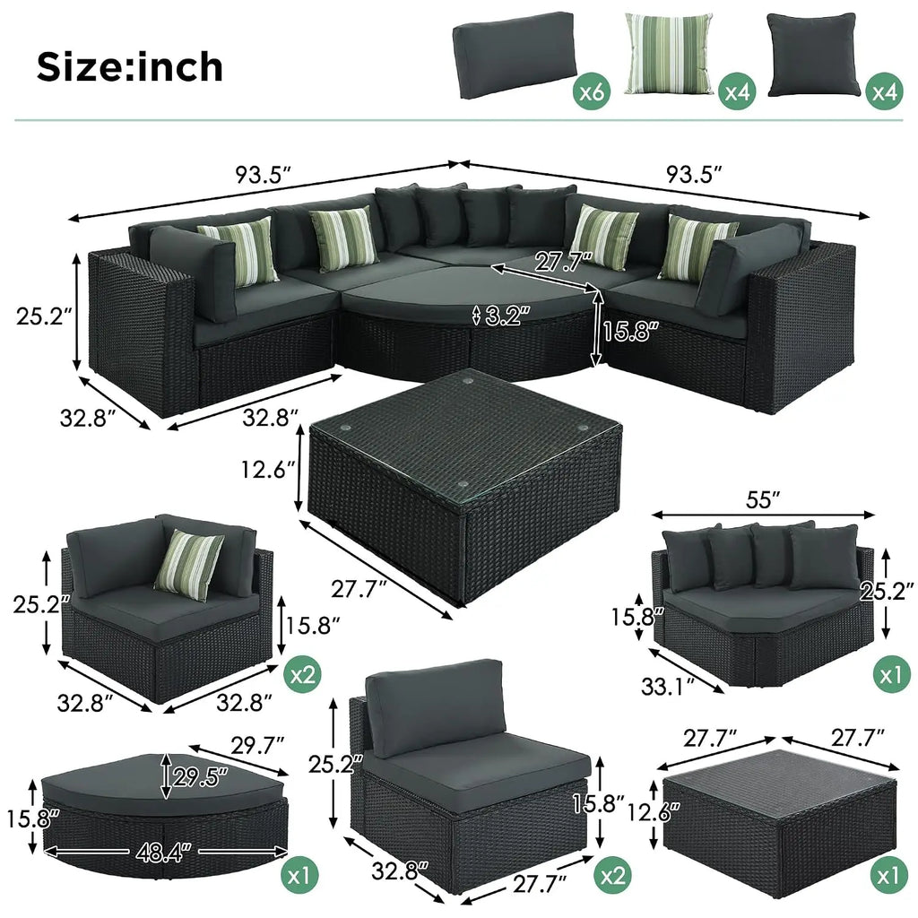 7 Piece Outdoor Patio Furniture Sofa Sets,All Weather Rattan Conversation Sofa Set with Striped Green Pillows/Tempered, Custom