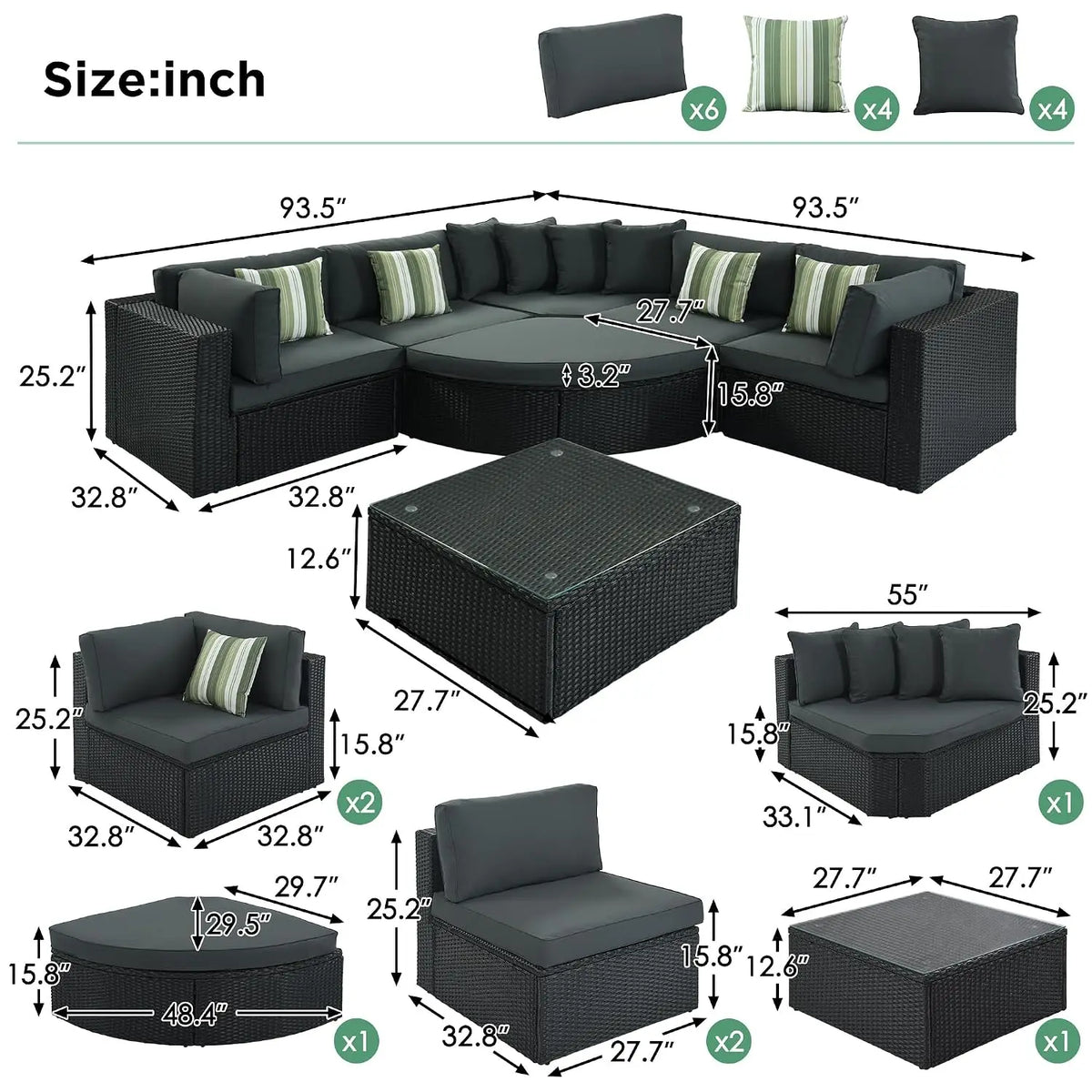 7 Piece Outdoor Patio Furniture Sofa Sets,All Weather Rattan Conversation Sofa Set with Striped Green Pillows/Tempered, Custom