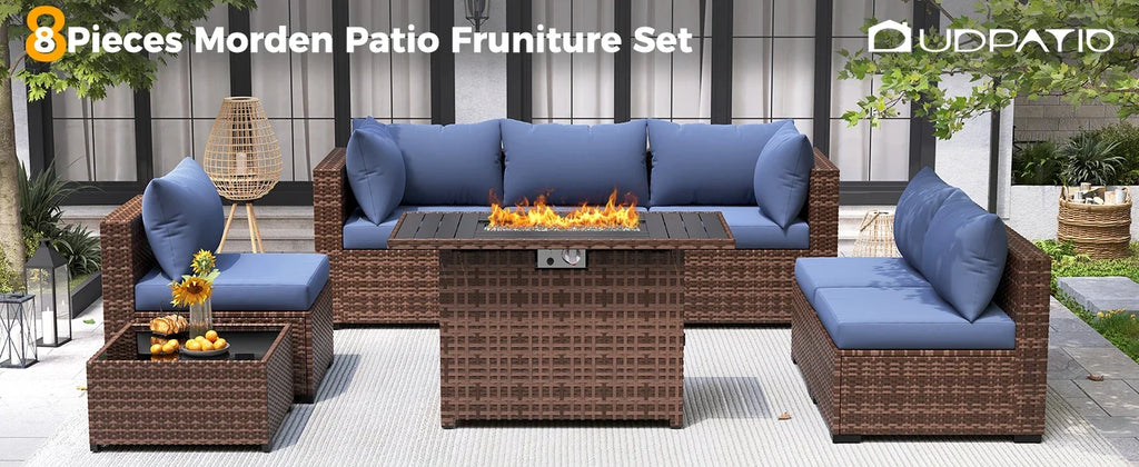UDPATIO Outdoor Furniture 8-Piece Wicker Patio Set with 44" Fire Pit Table