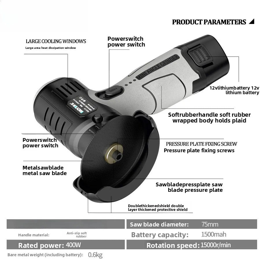 New12V Lithium Battery Mini Angle Grinder Portable Lithium Battery Wireless Small Angle Grinder Grinding Cutting and Polishing M