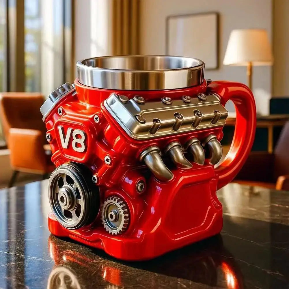 Retro V8 Engine Stainless Steel 3D Coffee Mug Personalized Double Wall Insulation Car Mug With Handle Christmas Gifts Decor