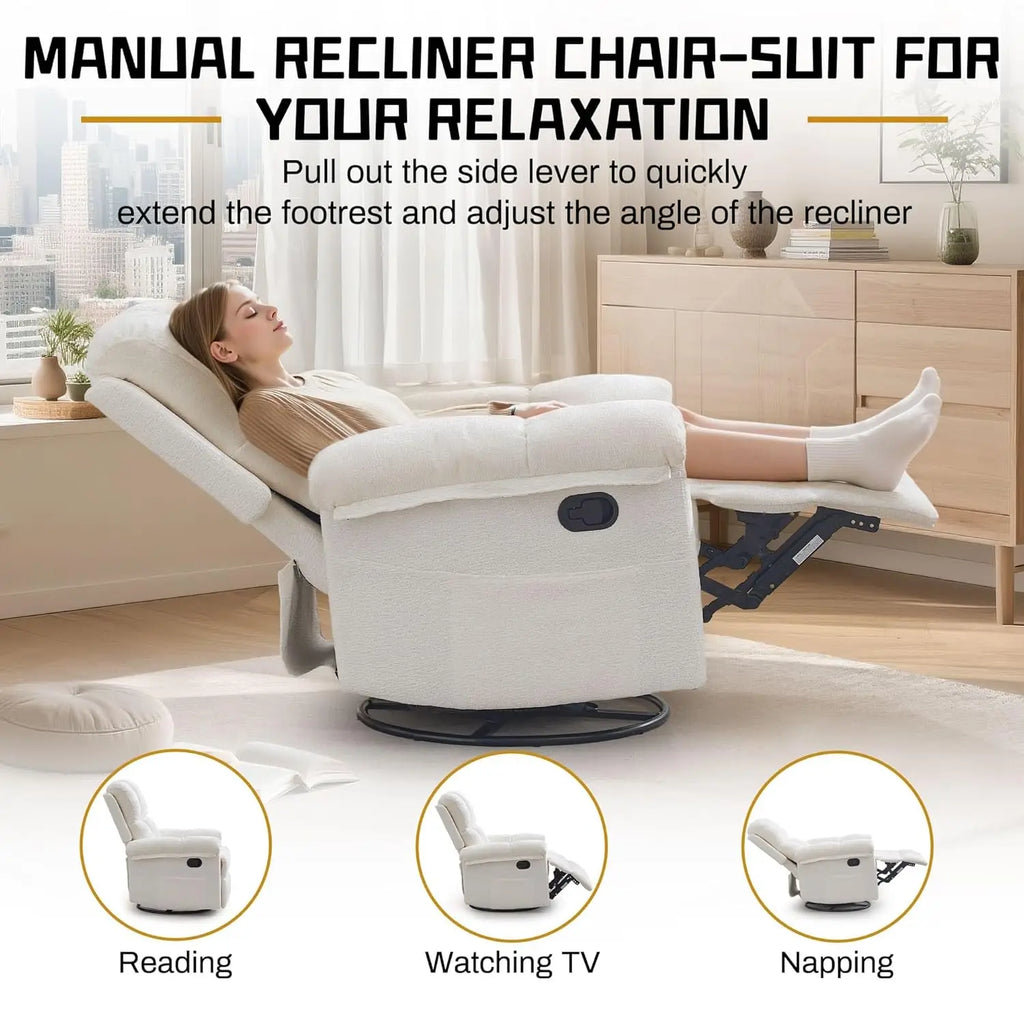 Manual Upholstered Swivel Rocker Recliner,Compact Small Space Reclining Chair For Adults, Custom