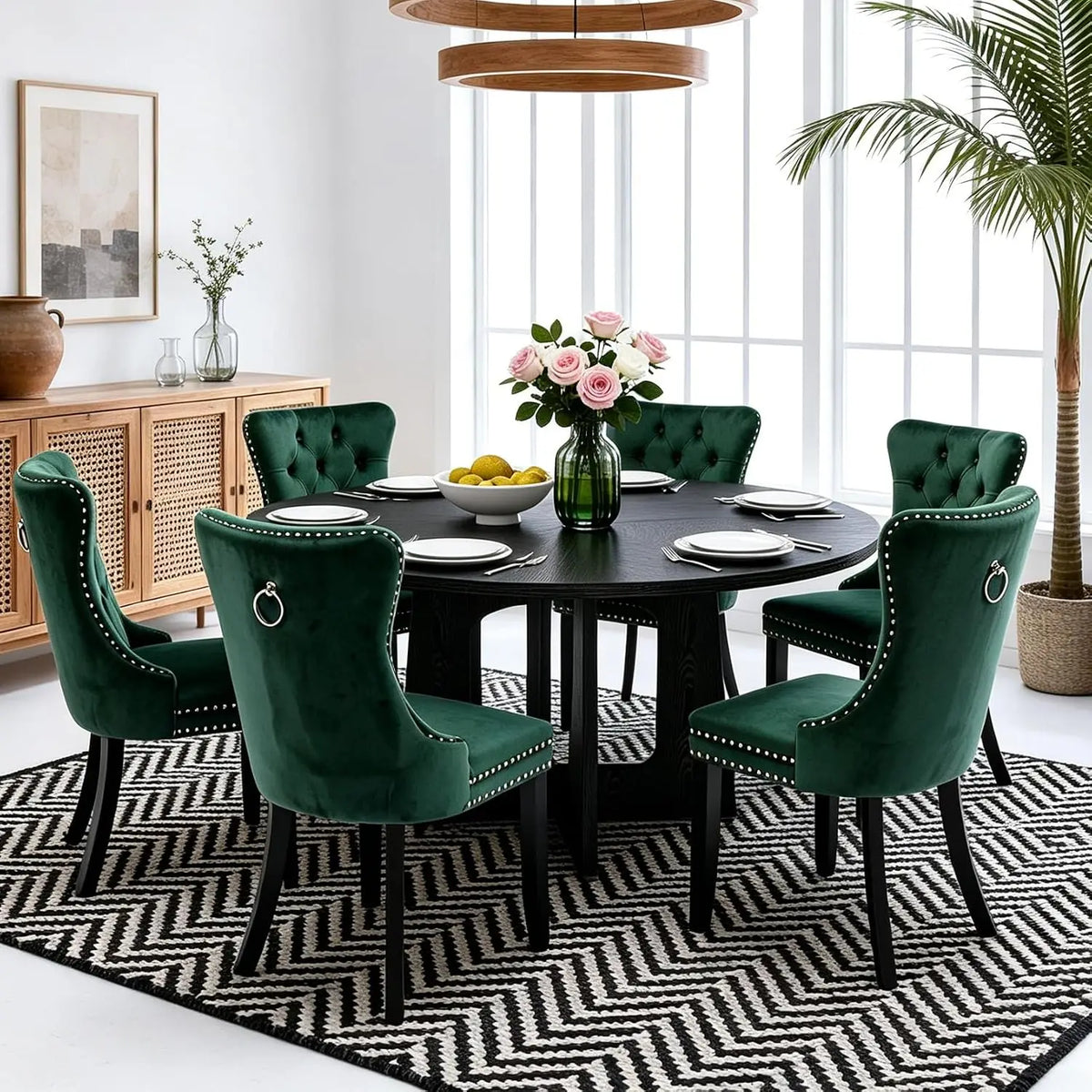 7-Piece Round Dining Table Set for 6, 47" Black Farmhouse Kitchen Table with 6 Gray Velvet Tufted Chairs, Modern Circle, Custom