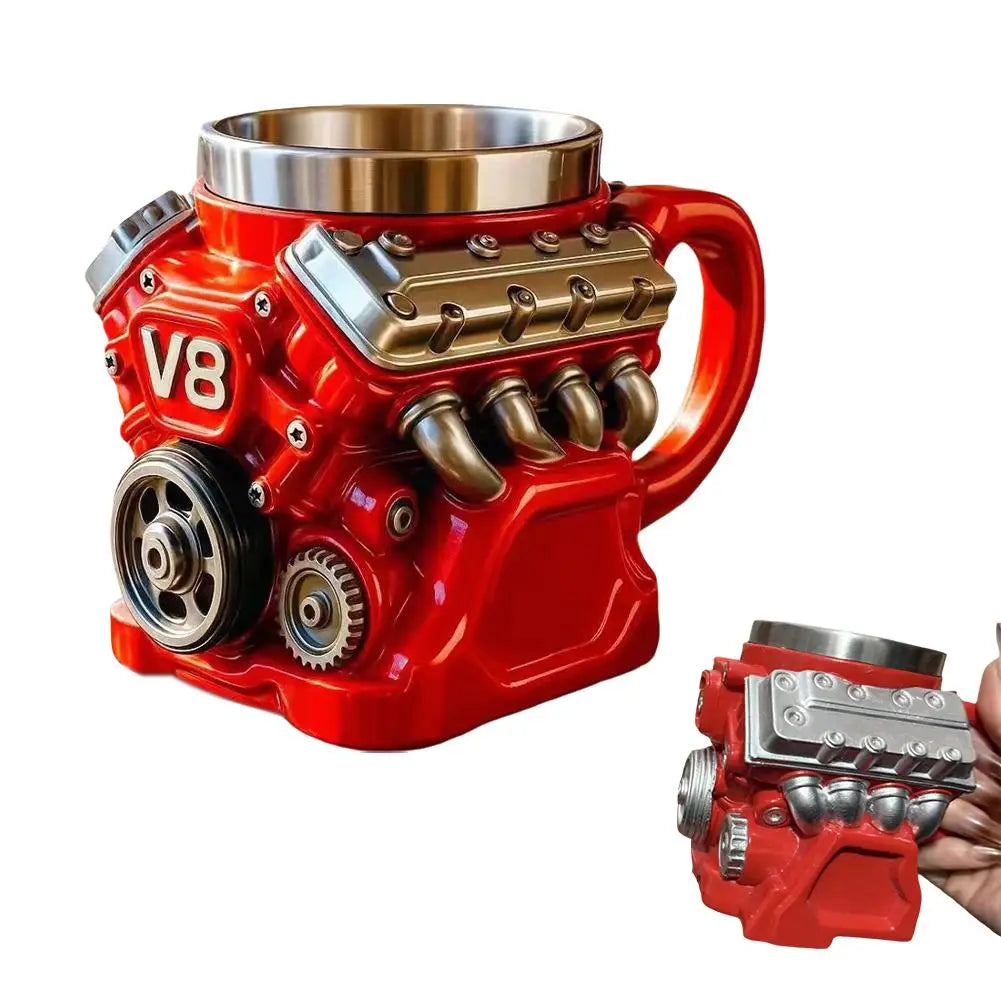 Retro V8 Engine Stainless Steel 3D Coffee Mug Personalized Double Wall Insulation Car Mug With Handle Christmas Gifts Decor